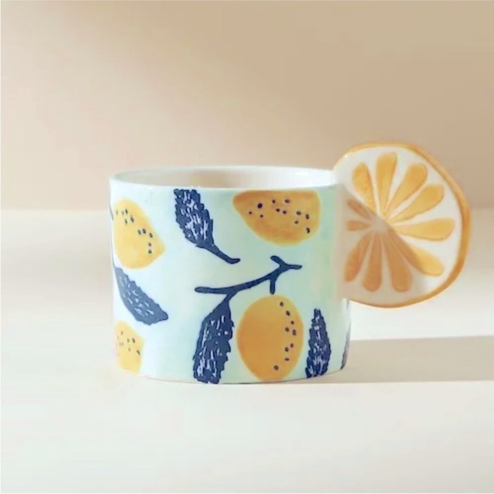 ANTHRO Lemon Pattern Mug with Citrus Handle